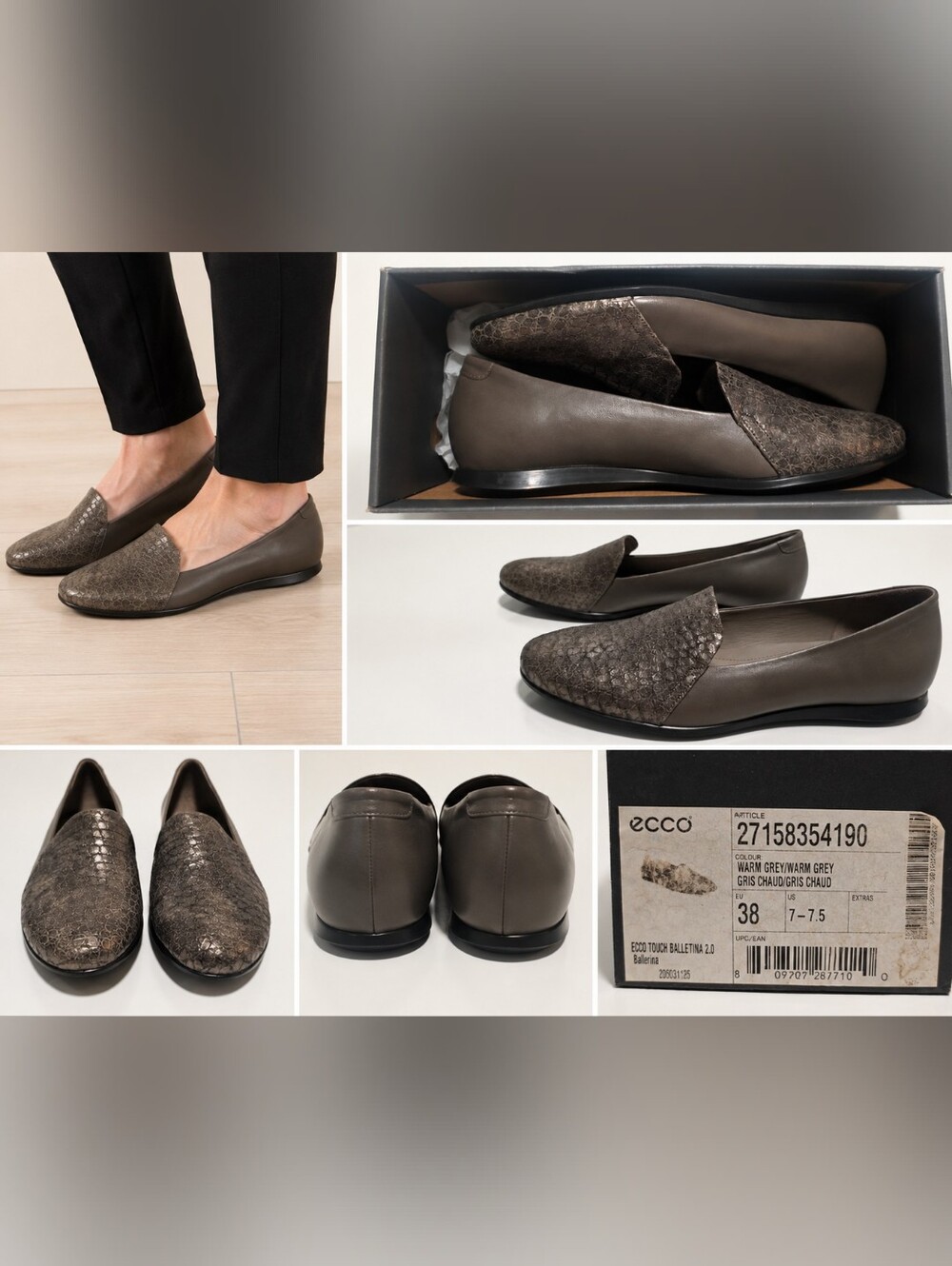ECCO Touch Ballerina 2.0 Loafers NWB Warm Grey Leather EU 38 US 7-7.5